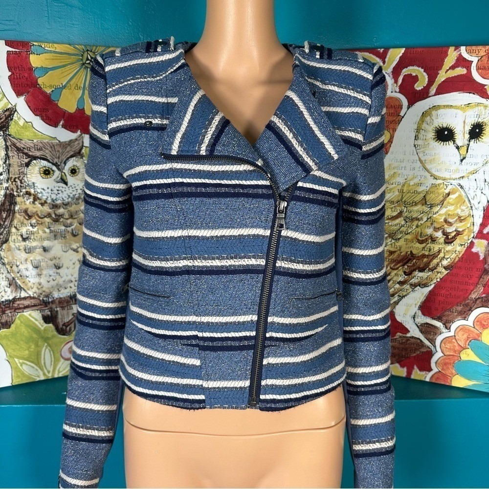BCBGMAXAZRIA Moto Jacket Women's XXS Striped Blue White Tweed Knit Cropped